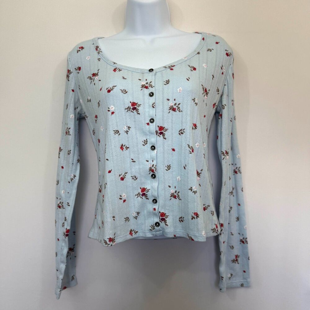 Mudd Long Sleeve Babydoll Top Floral Blue Boho Cottage Y2K Whimsy Kidcore M